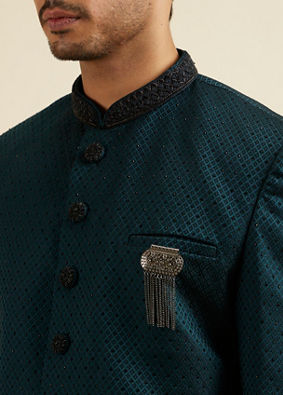 alt message - Manyavar Men Teal Green Jaal Patterned Achkan Style Indo Western Set image number 1